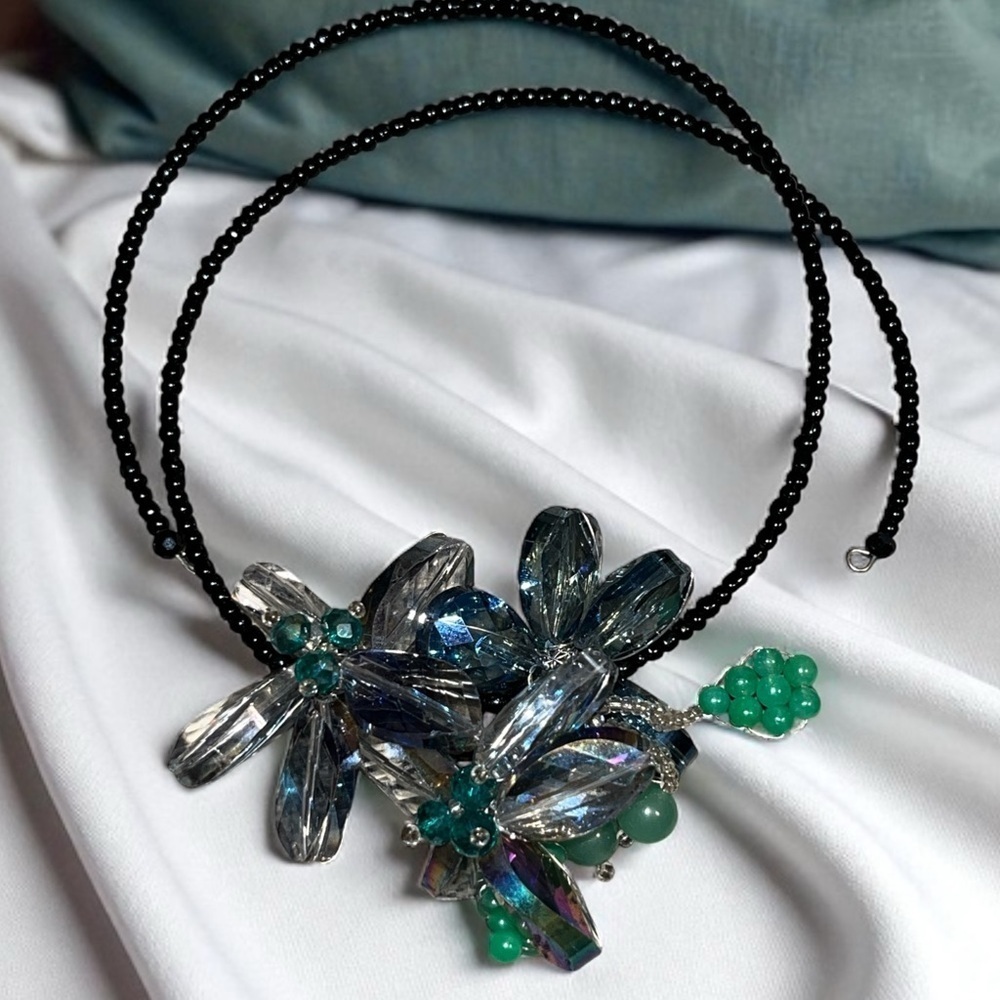Vintage Black Beaded Choker Necklace with Crystal and Green Glass Flower Accents